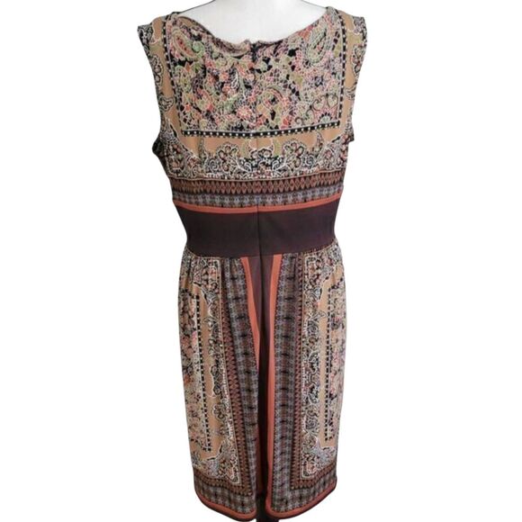 Soho Apparel LTD Dress Sz 10 Brown Multiprint Boho Retro Fitted Wasit Vneck - Picture 3 of 5